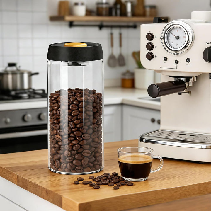 Vakuum-Kaffeedose 1800 ml, Kaffeedose Luftdicht aus Glas, Kaffeebohnenbehalter mit Vakuum Deckel, Au