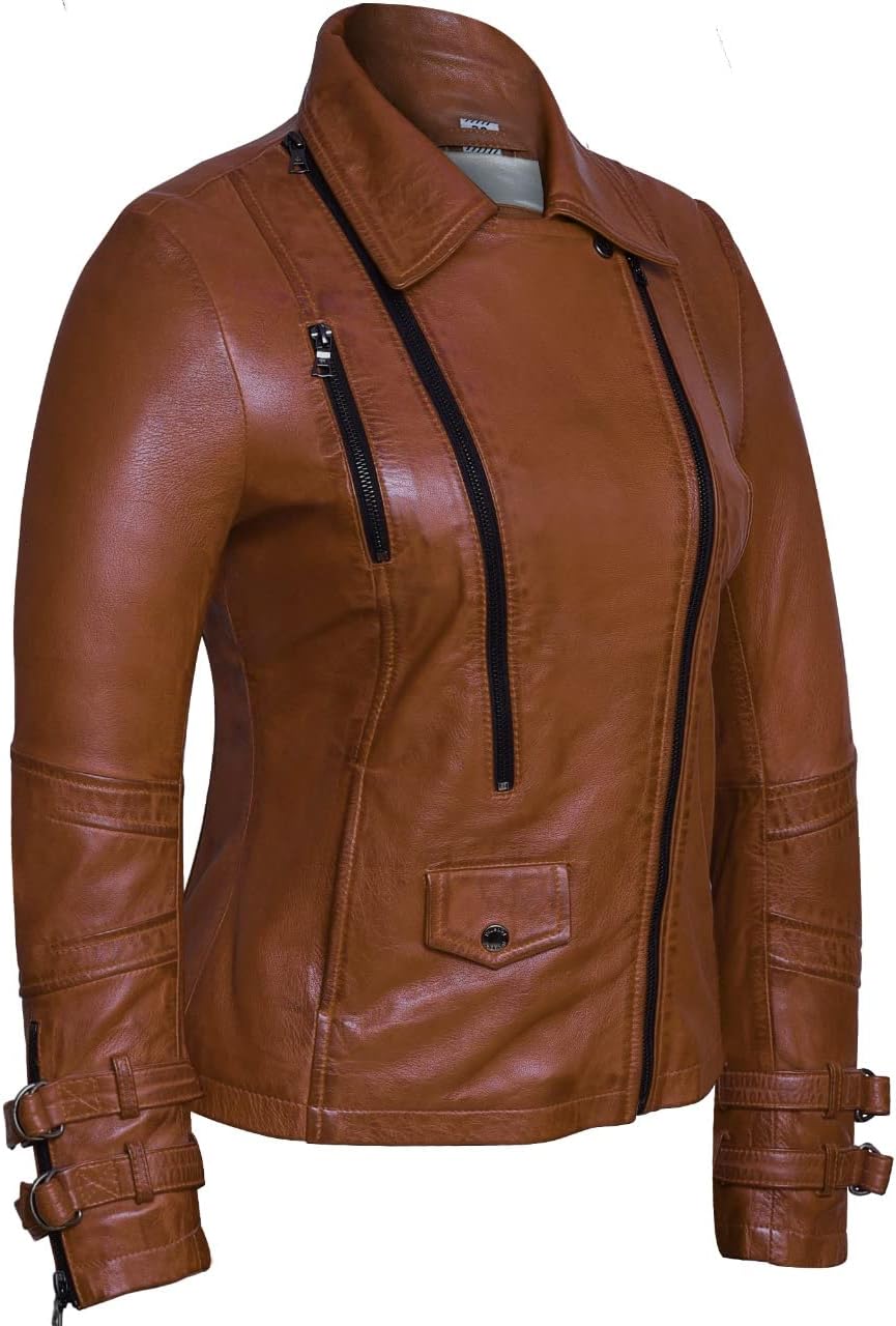Bluepiel Poula Damen Lederjacke - Modernen Biker-Look - Echt Leder Jacke Rot Tailliert mit Reverskra