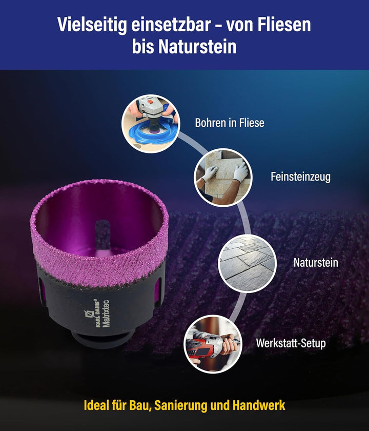 Karl Dahm MATRIXTEC Diamant-Trockenbohrkrone Ø 65 mm I Fliesenbohrer für Feinsteinzeug, Fliesen & Na