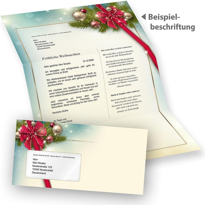 Briefpapier Weihnachten Set ROTE SCHLEIFE (100 Sets mit Fenster) Weihnachtsbriefpapier mit Umschlag,