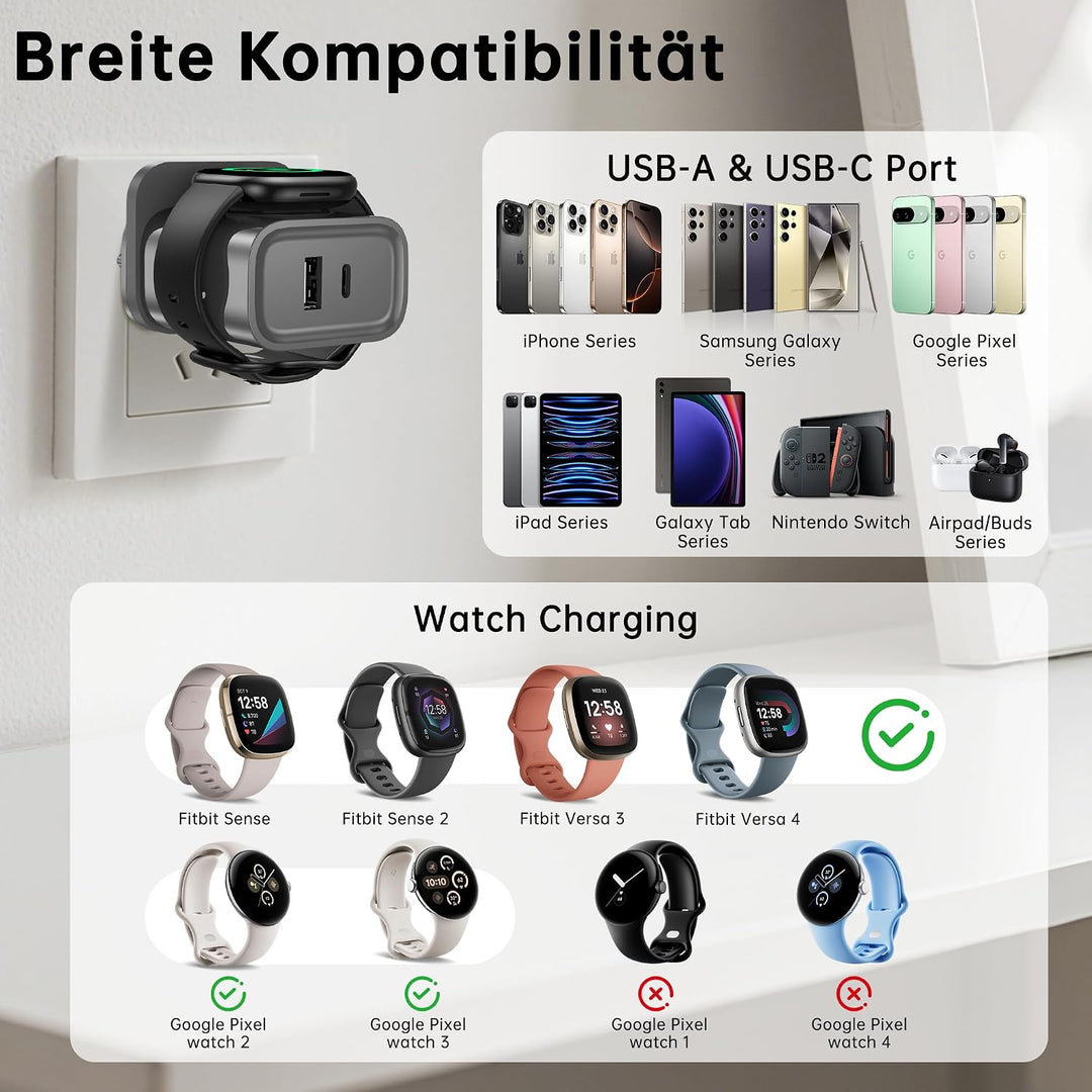 3-in-1-Ladegerät für Fitbit Sense/Sense 2 /Versa 4/3/Ace LTE,PD25W USB-C | Schnellladung Dual Port W