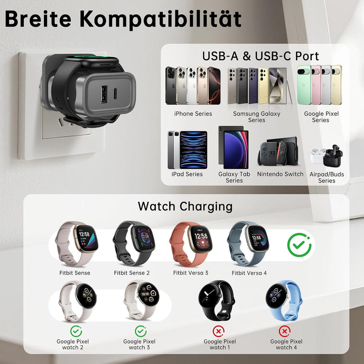 3-in-1-Ladegerät für Fitbit Sense/Sense 2 /Versa 4/3/Ace LTE,PD25W USB-C | Schnellladung Dual Port W