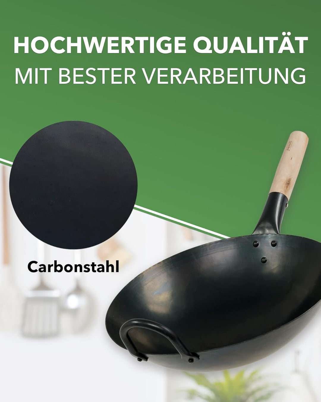 pasoli Wok für Gasherd und Grill inkl. gratis Rezepte eBook - voreingebrannt - Asiapfanne mit rundem