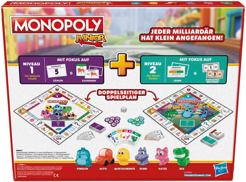 Monopoly Junior, das Klassische Brettspiel für Kinder ab 4 Jahren, 2-seitiger Spielplan - leicht ver