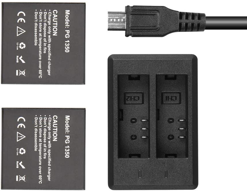 AKASO Action Cam Akku Ladegerät, 2 x 1350 mAh Akku, mit LED Micro USB Doppelloch Ladegerät für Actio