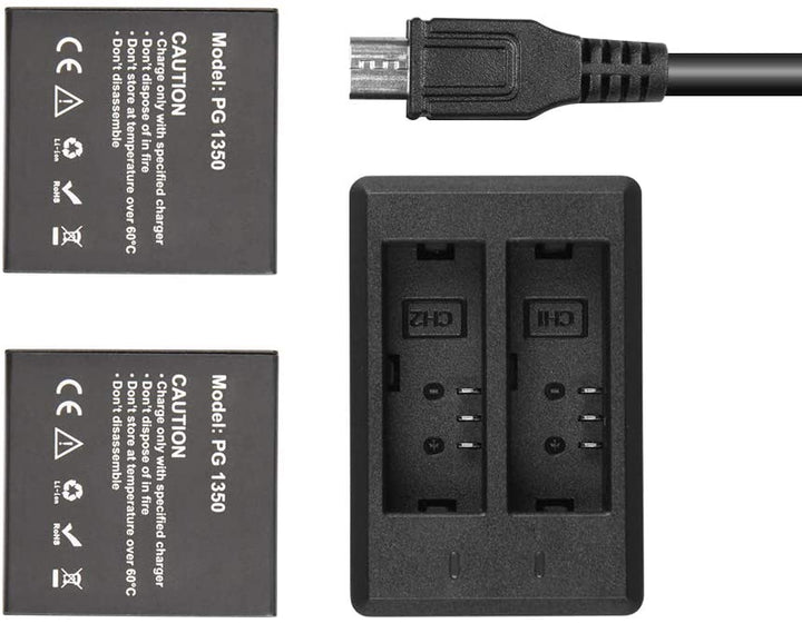 AKASO Action Cam Akku Ladegerät, 2 x 1350 mAh Akku, mit LED Micro USB Doppelloch Ladegerät für Actio