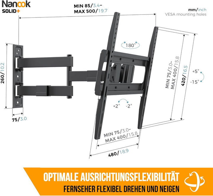 NANOOK Solide+ Schwenkbare TV-Wandhalterung 32–65 Zoll | Optimaler Blickwinkel | Neigbar 15° | VESA