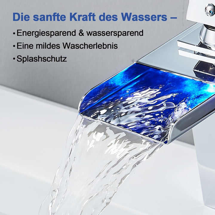 LED Einhebelmischer Waschbecken Wasserhahn, OUGOO RGB 3 Farbwechsel Armatur mit Temperatursensor, Wa