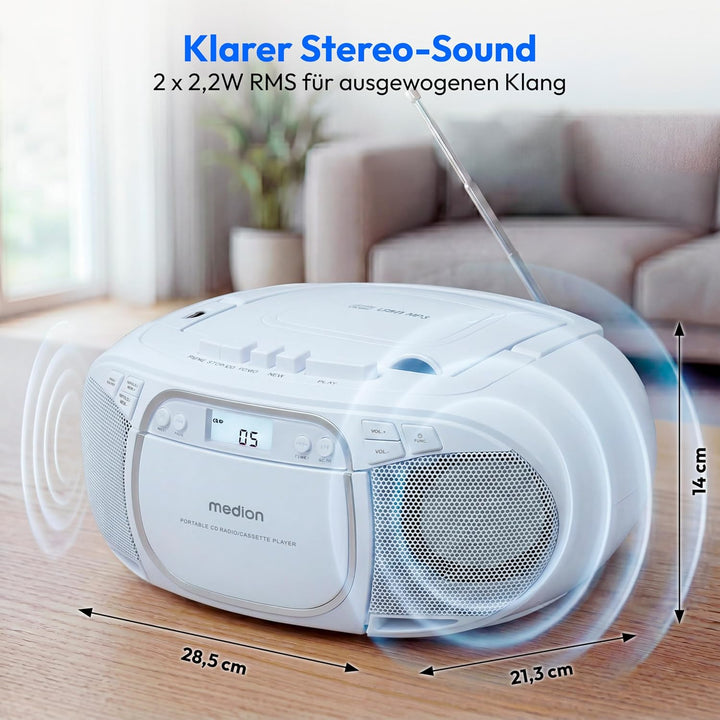 MEDION E66476 Stereo Sound System (Boombox, CD-Player, MP3, Kassette, tragbarer Kassettenspieler für