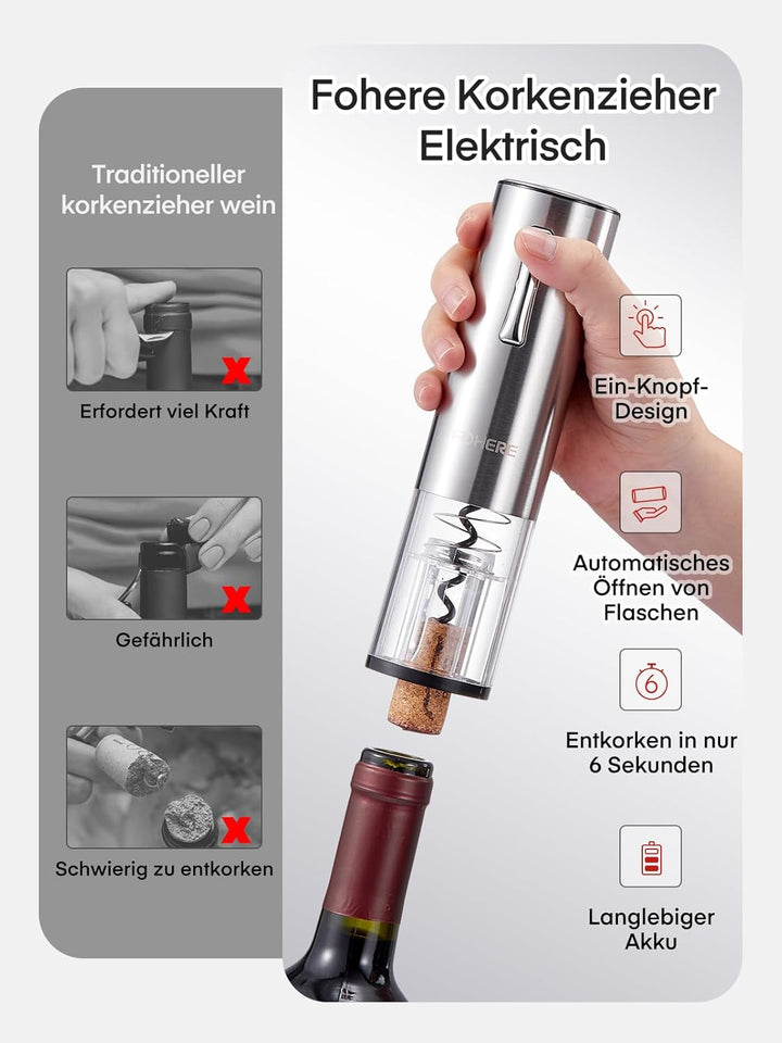 FOHERE Korkenzieher Elektrisch, mit Folienschneider, Ausgiesser, Vakuumpumpe, und Ladestation, Kabel