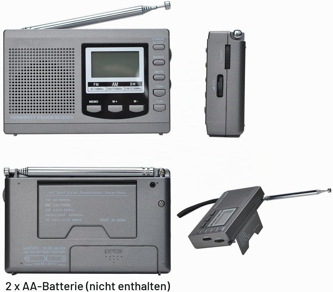 COVVY AM/FM / SW1-7 Tragbarer 9-Band-Radioempfänger mit Lautsprechern und Kopfhörern, ausgezeichnete
