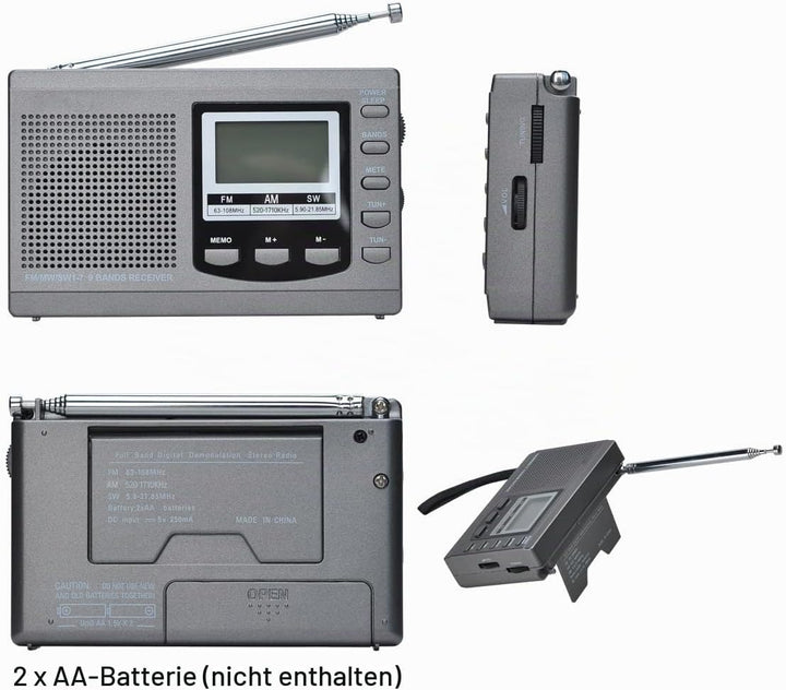 COVVY AM/FM / SW1-7 Tragbarer 9-Band-Radioempfänger mit Lautsprechern und Kopfhörern, ausgezeichnete