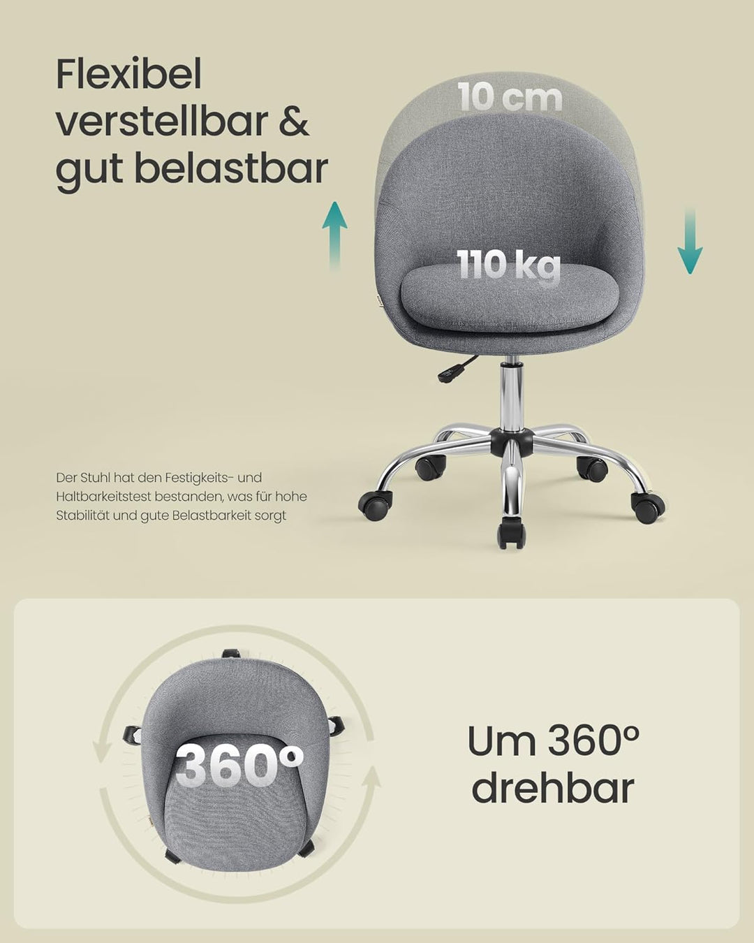 SONGMICS Homeoffice-Stuhl, Schminkstuhl aus Baumwoll-Leinen-Mischgewebe, Schreibtischstuhl, Schaumst