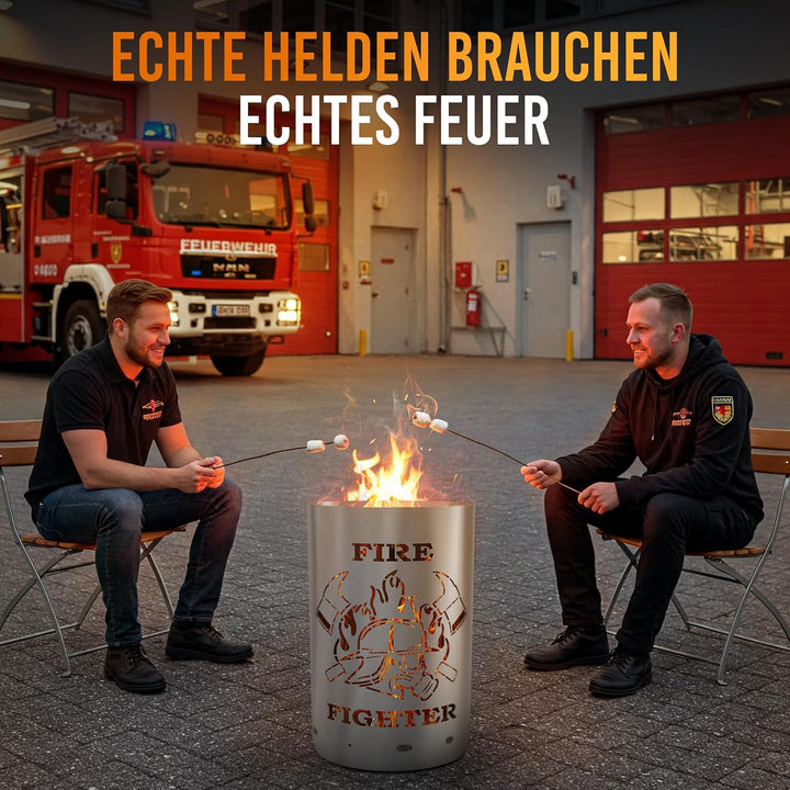 TiKo-Design Feuertonne - Lagerfeuertonne - Feuerkorb mit Firefighter/Feuerwehrmann Motiv – Verleihen