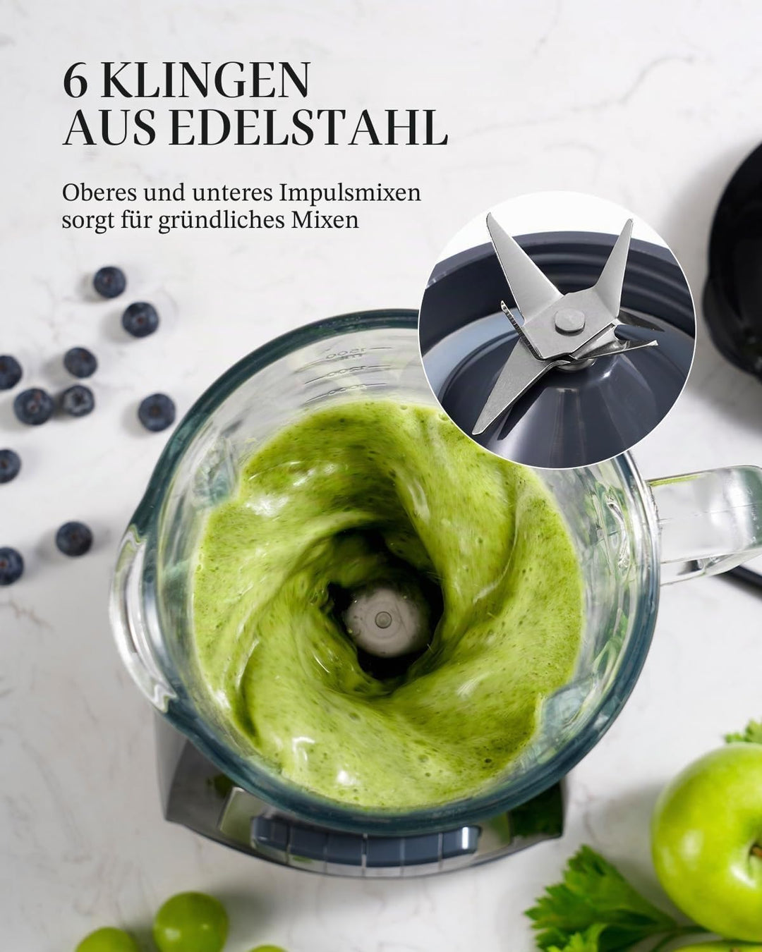 SHARDOR Standmixer, 700 W Spitzenleistung smoothie maker mit 1,5-Liter-Glasbehälter, Edelstahl 6-Kli