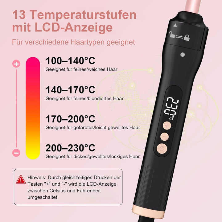 Lockenstab 3 in 1, Lockenstäbe mit 3 Austauschbaren Keramik 12-32mm, 13 Temperaturstufen, Schnelles
