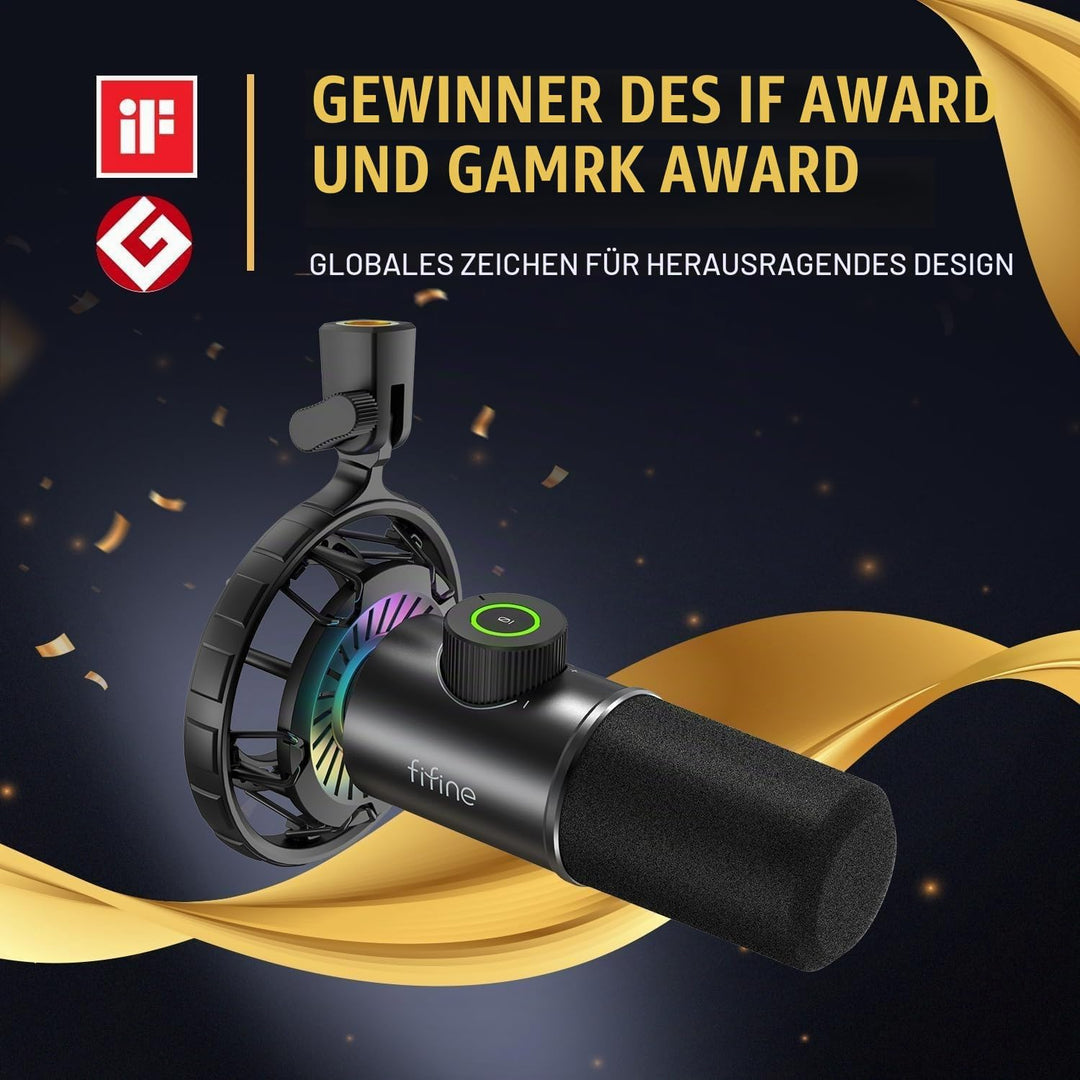 FIFINE USB Gaming Mikrofon, RGB Dynamische Mikrofone PC mit Stummschalttaste, Plug-and-Play Nierench