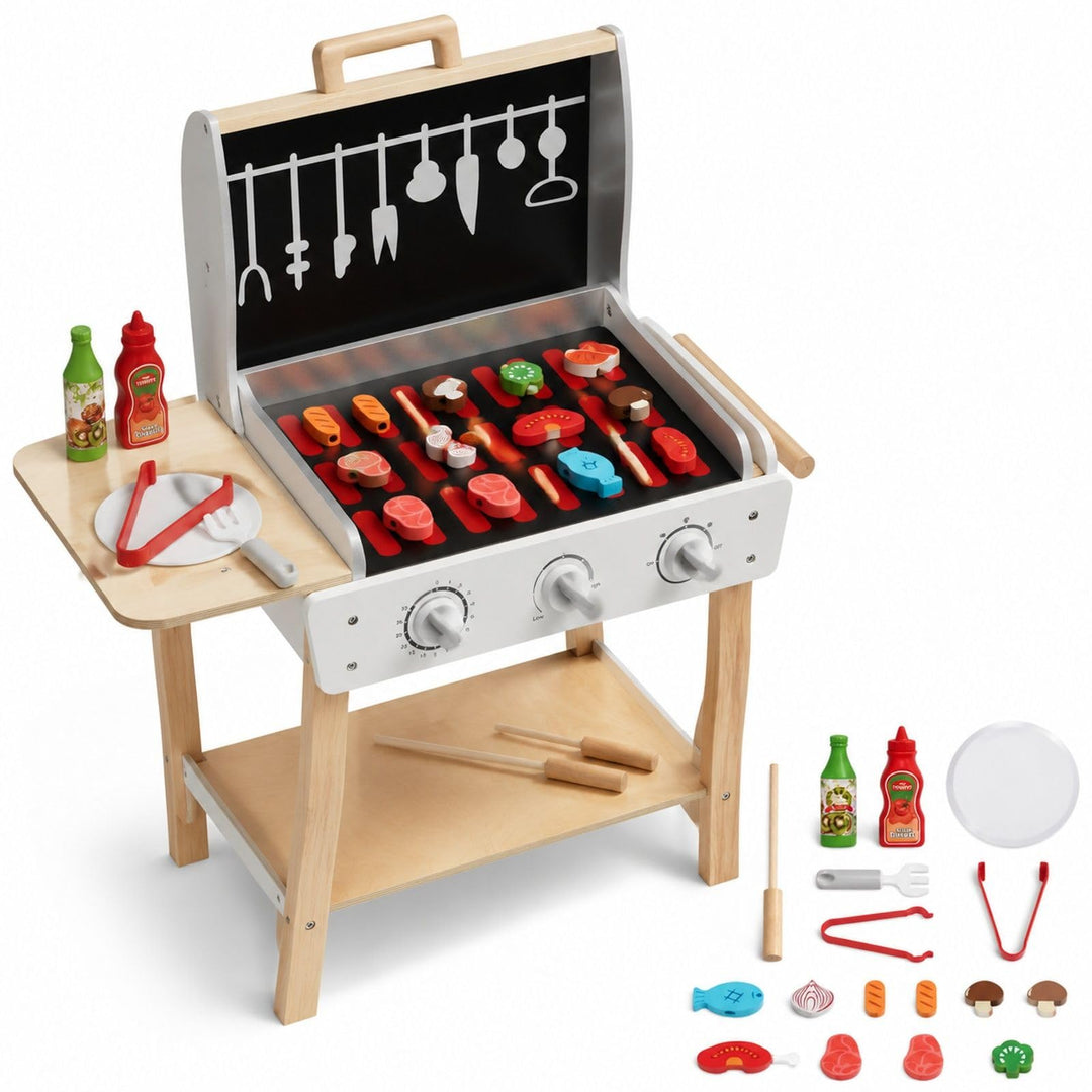 BBQ Grill Spielzeugset aus Holz 21-teilig mit Spiellebensmitteln und Grillzubehör für Rollenspiel Kü