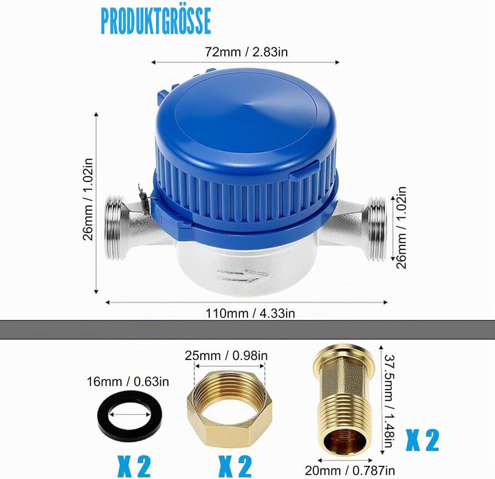 Wasserzähler Garten Geeicht 1/2 Zoll, 15MM Kaltwasserzähler, Geeichter Gartenwasserzähler Trockenwas
