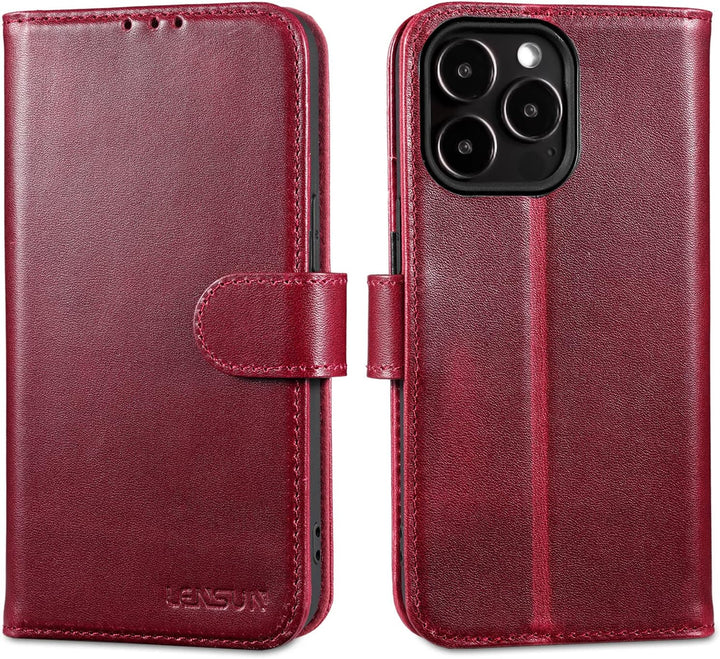 LENSUN Echtleder Hülle für iPhone 13 Pro, Handyhülle [Echtes Leder][Magnetverschluss][RFID Blocker]