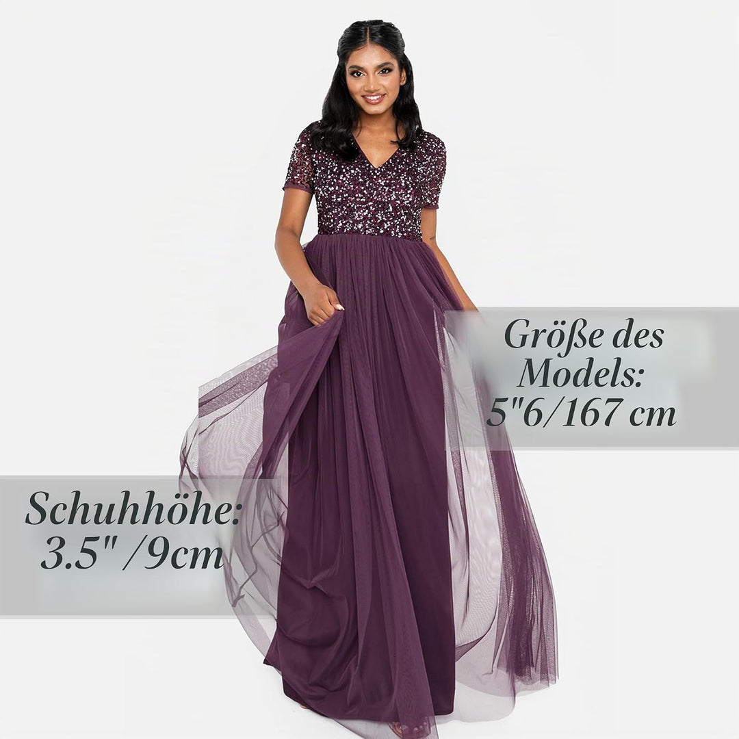 Maya Deluxe Damen Maya Deluxe V-halslijn Embellished Maxi Dress Brautjungfernkleid, Berry, 54 EU