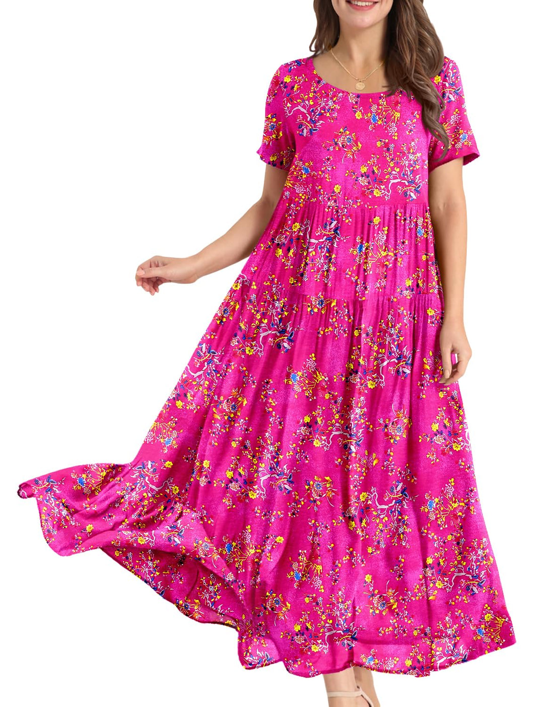 YESNO Damen Kleider Freizeit Lose Sommerkleid Lang Boho Maxikleid für Rundhals Strandkleid Blumenkle
