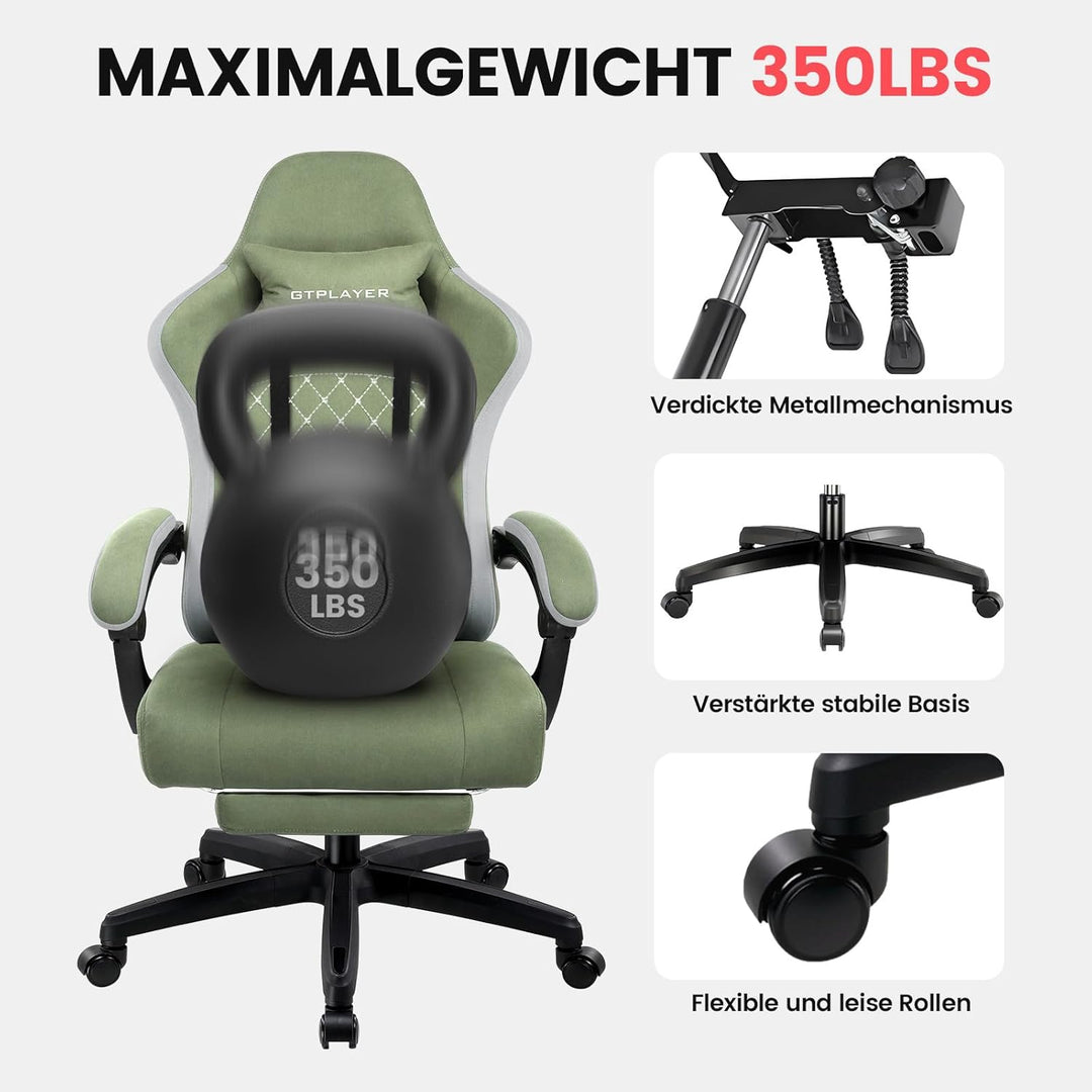 GTPLAYER Gaming Stuhl Stoff, Gaming Sessel mit Taschenfederkissen, ergonomischer Drehstuhl, Gamer St