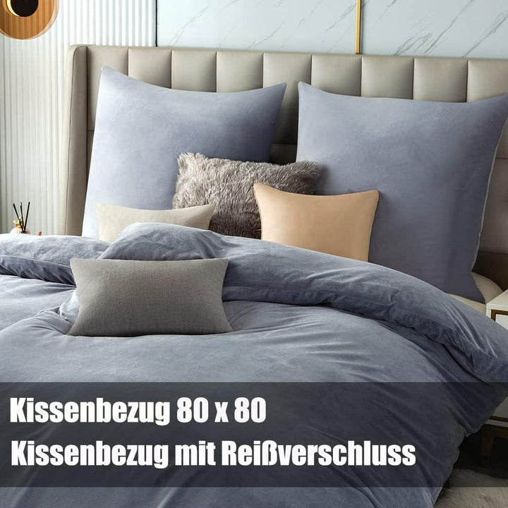 Soifox Winter Flanell Bettwäsche 180x200 - Grau Flauschige und Warme Cashmere Touch Bettbezug + Kiss