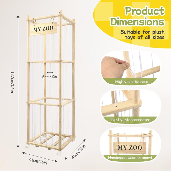 Holz Kuscheltier Aufbewahrung mit °Räder, 135 * 40 * 40cm Stofftier Aufbewahrung für Kuscheltiere, A