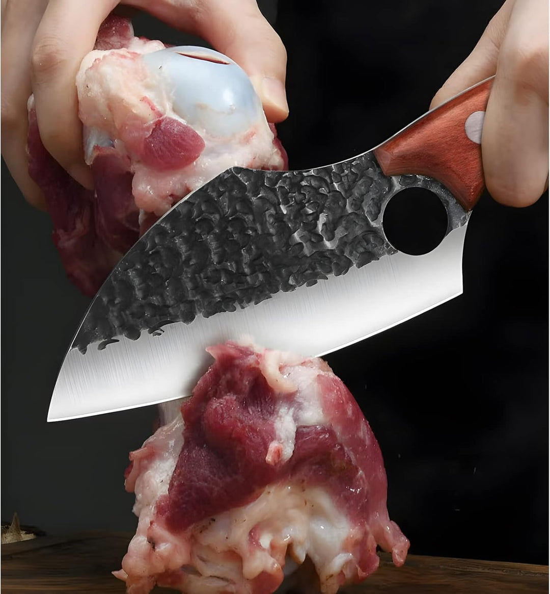 Küchenmesser Geschmiedet mit Lederhülle – Profi Kochmesser mit Fingerring & Holzgriff, Scharfes Ausb