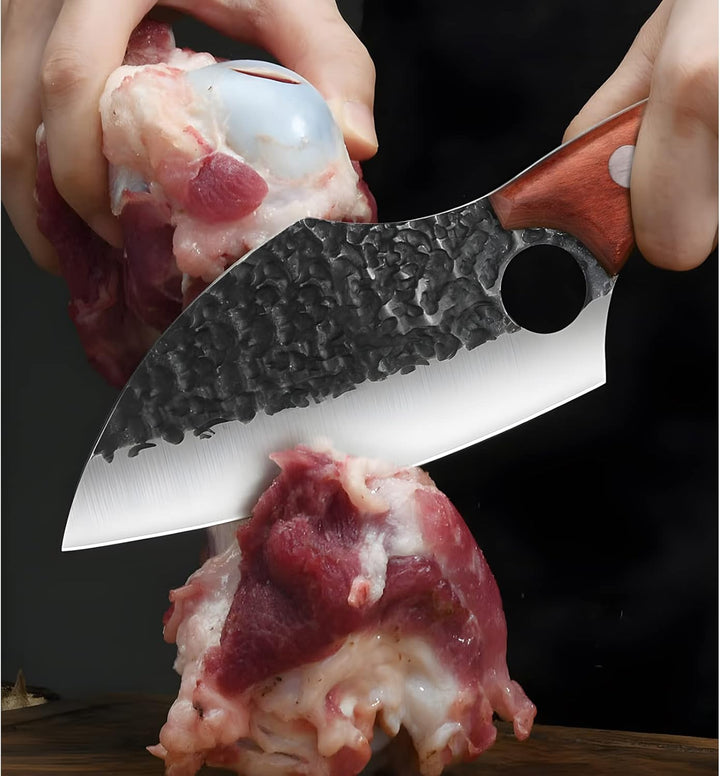 Küchenmesser Geschmiedet mit Lederhülle – Profi Kochmesser mit Fingerring & Holzgriff, Scharfes Ausb