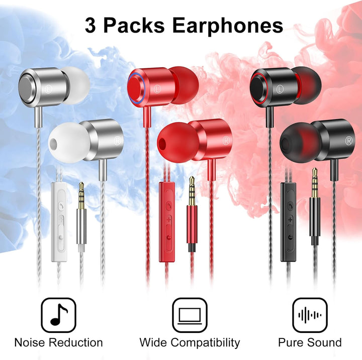 In Ear Kopfhörer mit Kabel, 3-er Set mit Mikrofon und Lautstärkeregler, Stereo, Leichte In-Ear Ohrhö