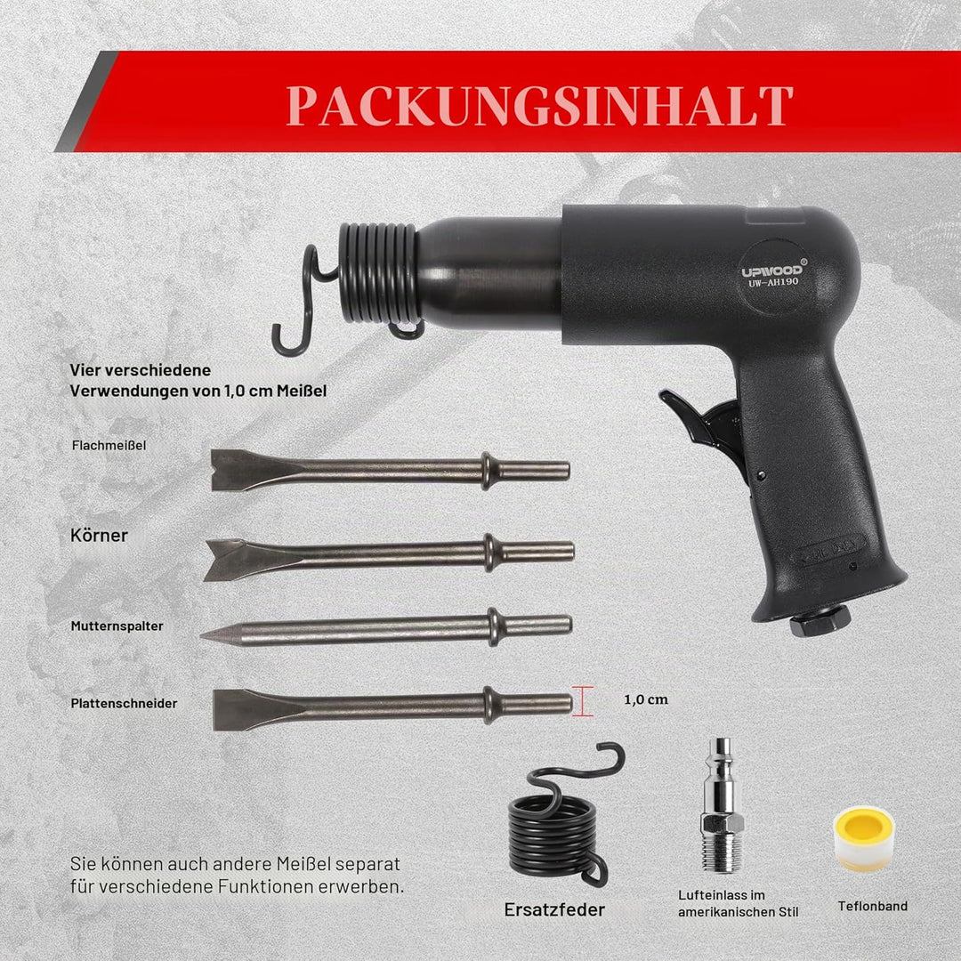 UW-AH190 Drucklufthammer-Kit mit Schnellwechselhalter und 4 Meisseln, 6,4 cm Hub, 3500 BPM, leicht U