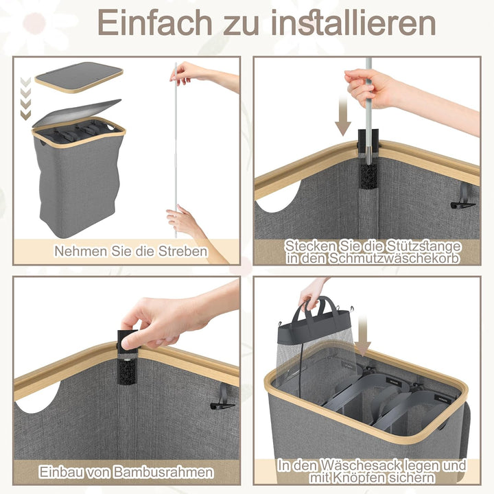 UISEBRT Wäschekorb mit Deckel, Wäschesammler 3 Fächer, 140L Wäschesack Schmal Faltbare Wäschekörbe,