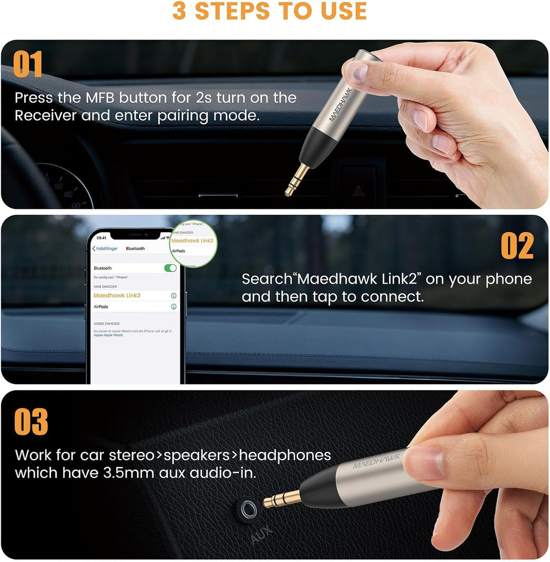 MaedHawk Aux Bluetooth Adapter Auto, BT5.0 Audio Empfänger/Receiver, 3,5 mm Aux in Car Kit(Freisprec