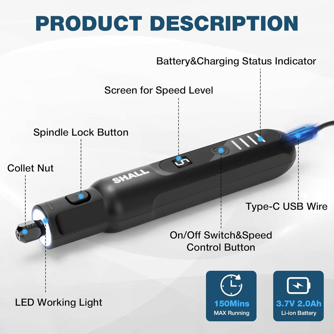 SHALL Akku-Rotationswerkzeug, 3,7 V, 20.000 U/min, 5 Geschwindigkeiten, per USB wiederaufladbares Sc