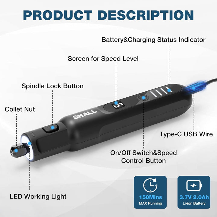 SHALL Akku-Rotationswerkzeug, 3,7 V, 20.000 U/min, 5 Geschwindigkeiten, per USB wiederaufladbares Sc