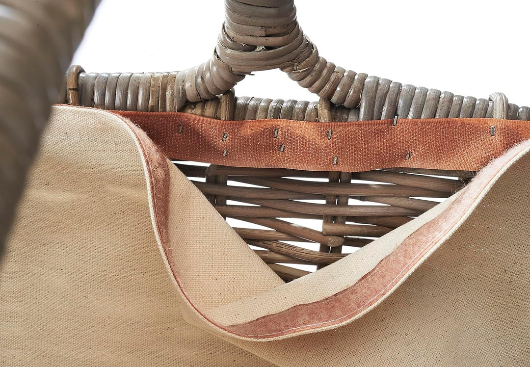 Kobolo Kaminholzkorb Holztrage Holzkorb für Kaminholz Rattan grau mit abnehmbarem Leinenstoff 50x46x