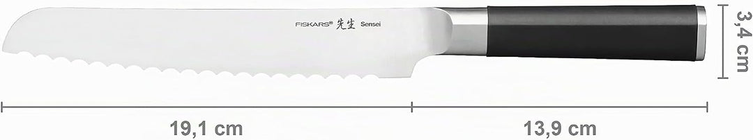 Fiskars Brotmesser mit Wellenschliff, Sensei, Gesamtlänge: 33 cm, Rostfreier Stahl mit hohem Kohlens