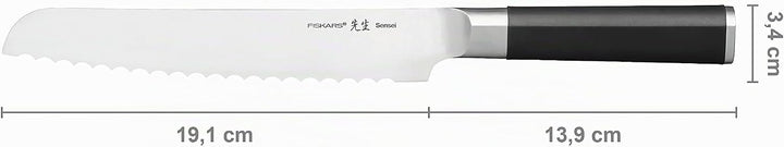 Fiskars Brotmesser mit Wellenschliff, Sensei, Gesamtlänge: 33 cm, Rostfreier Stahl mit hohem Kohlens