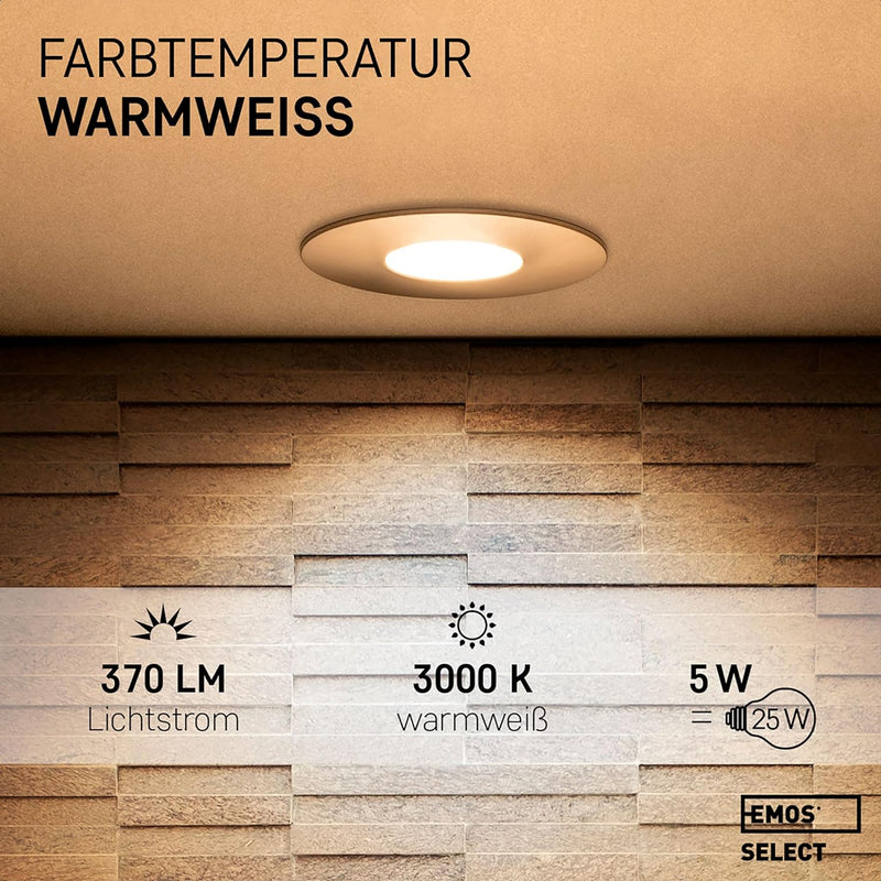 Emos LED Einbaustrahler 230V 5W, 370lm | Einbaustrahler wasserdicht IP44 für Aussen und Innen | LED