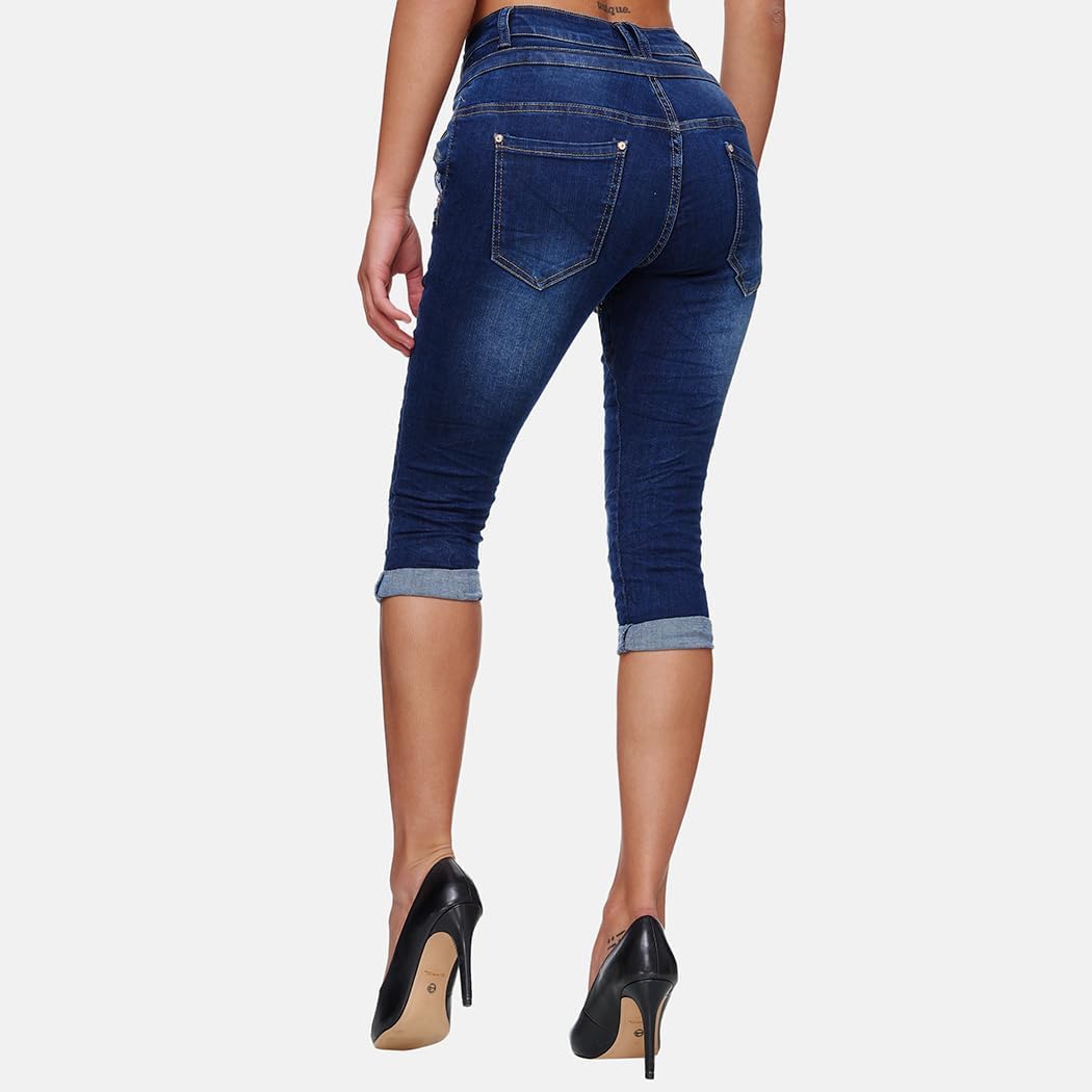 Elara Damen 3/4 Jeans Slim High Waist Capri Hose Chunkyrayan 46 Slim Dunkelblau, 46 Slim Dunkelblau