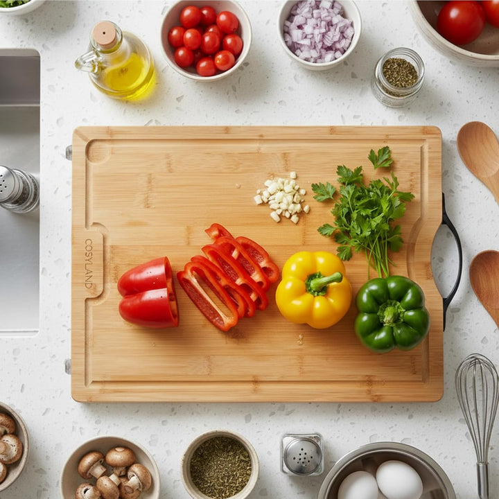COSYLAND Schneidebrett Holz – Bambus Schneidebrett 42x30x1.6cm, Vorgeölt & Wasserabweisend, Messerfr