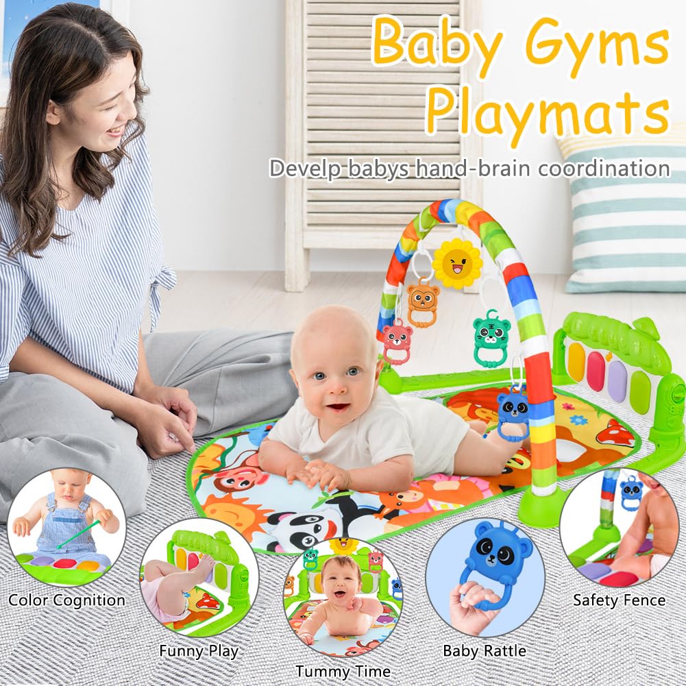 AOMIG Piano-Gym Spieldecke, Krabbeldecke mit Musik und Lichtern, Spielmatte mit Spielbogen abnehmbar