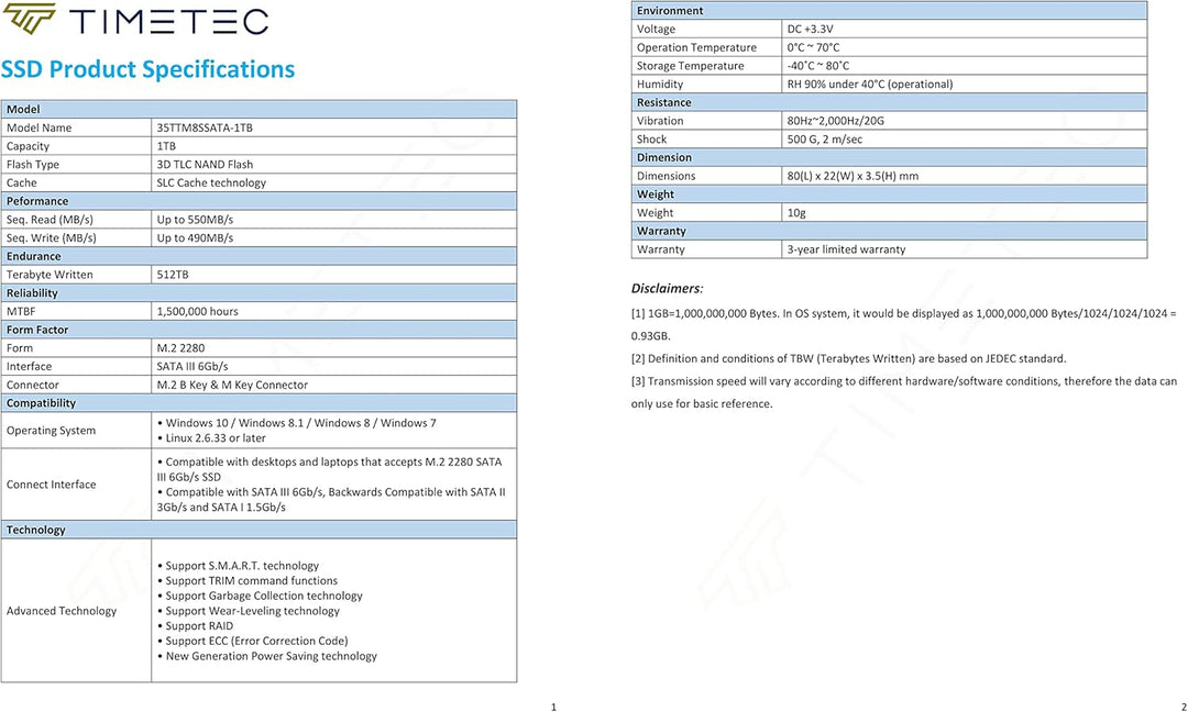 Timetec 1TB SSD 3D NAND TLC SATA III 6 Gb/s M.2 2280 NGFF 512 TBW Lesegeschwindigkeit Bis zu 530 MB/