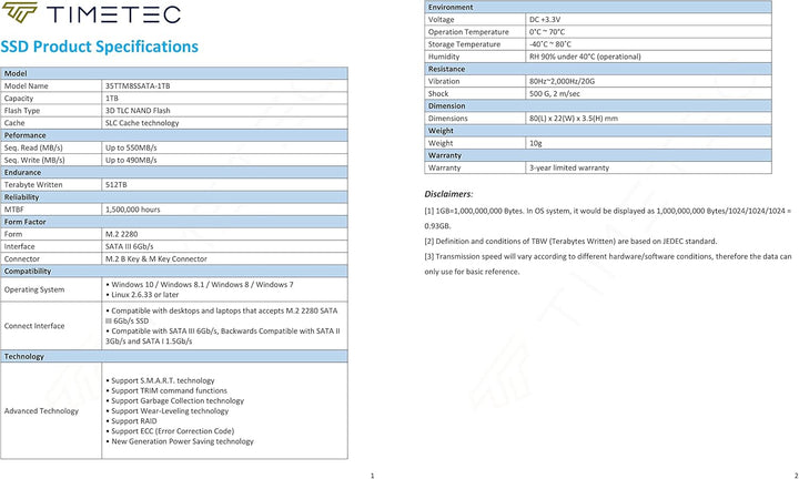 Timetec 1TB SSD 3D NAND TLC SATA III 6 Gb/s M.2 2280 NGFF 512 TBW Lesegeschwindigkeit Bis zu 530 MB/