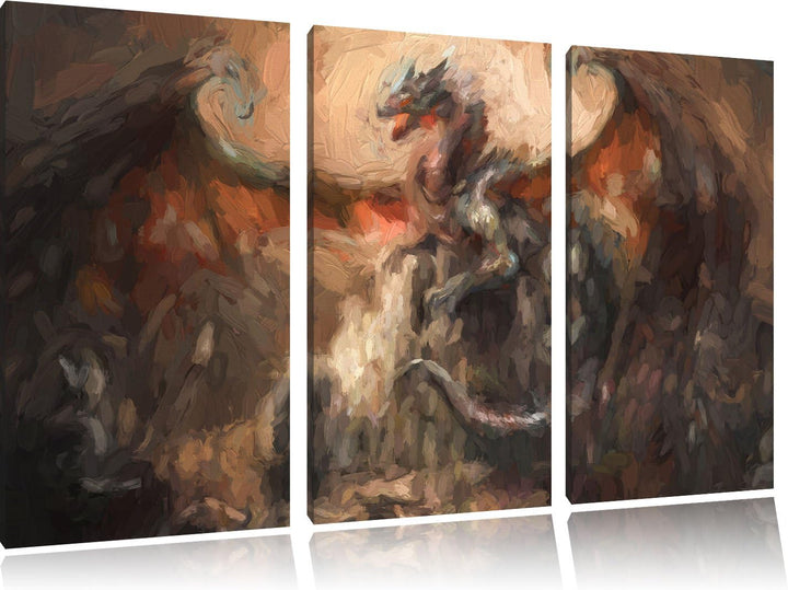 Pixxprint Drache schützend über Burg Pinsel Effekt 3-Teiler Leinwandbild 120x80 Bild auf Leinwand