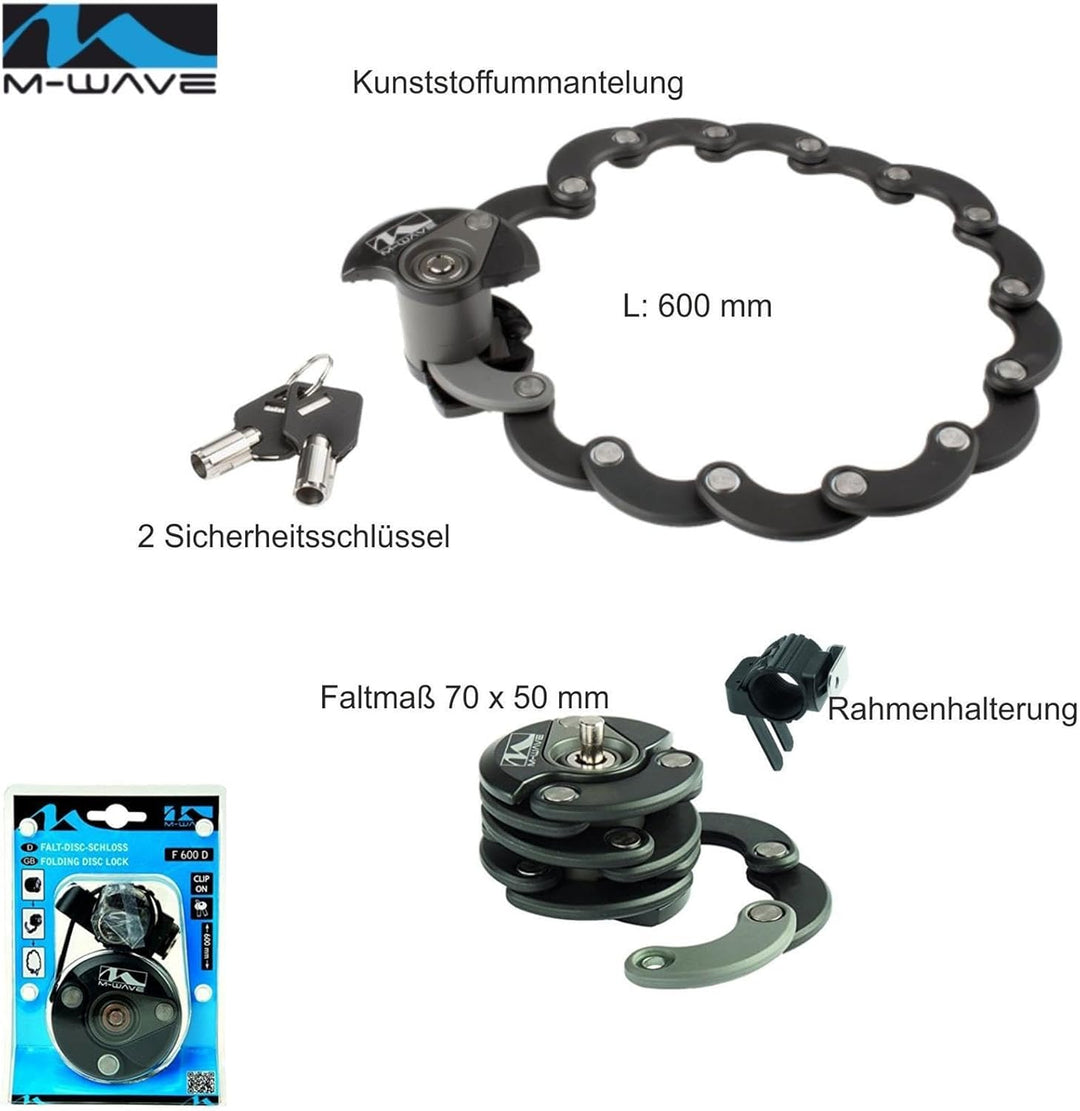 M-Wave F600D Fahrrad Falt-Disc-Schloss Schloss mit Clip-on Halter inkl. Fahrradklingel