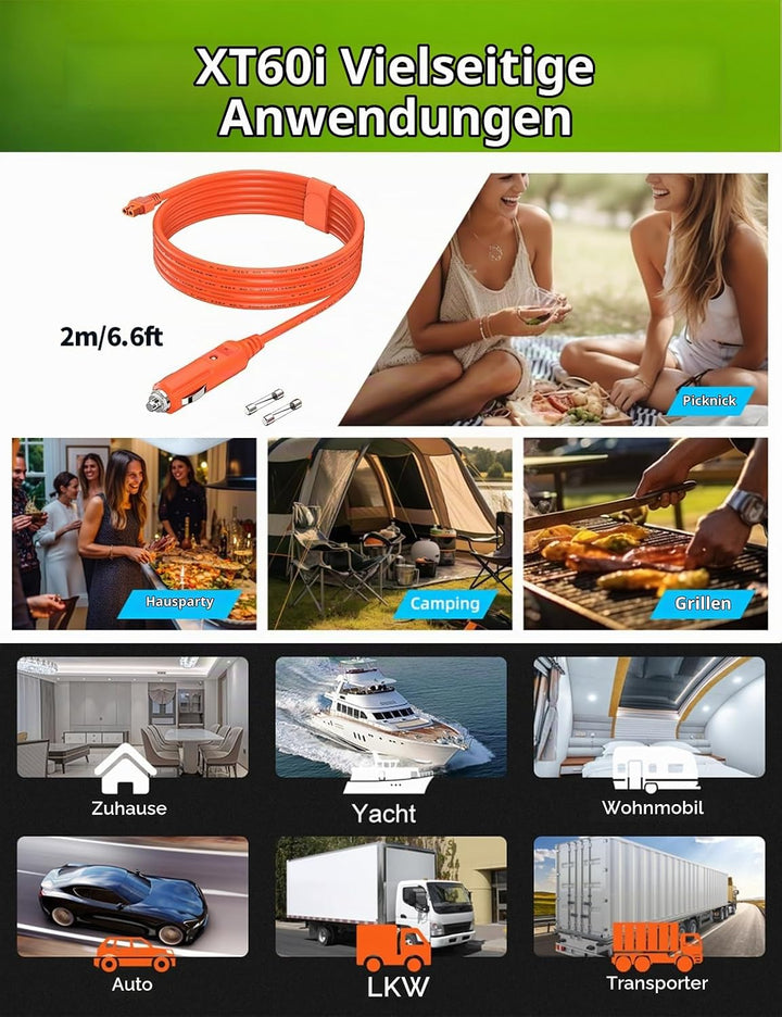 XT60i auf Zigarettenanzünder Kabel, 14AWG 12V/24V Ladekabel für Powerstation &amp; Solargenerator – Komp