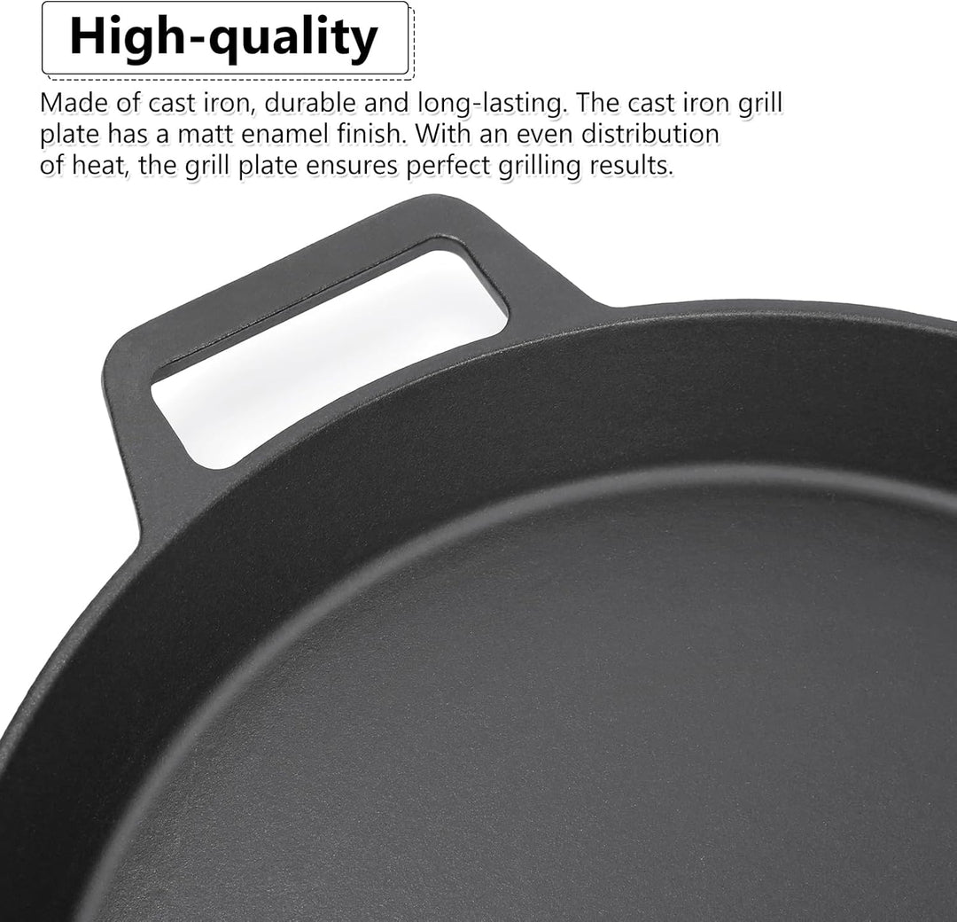 GFTIME Universal Gusseisen Grillpfanne Ø 40cm, gross rund Gusspfanne mit Zwei Griffe und Zwei Ausgie